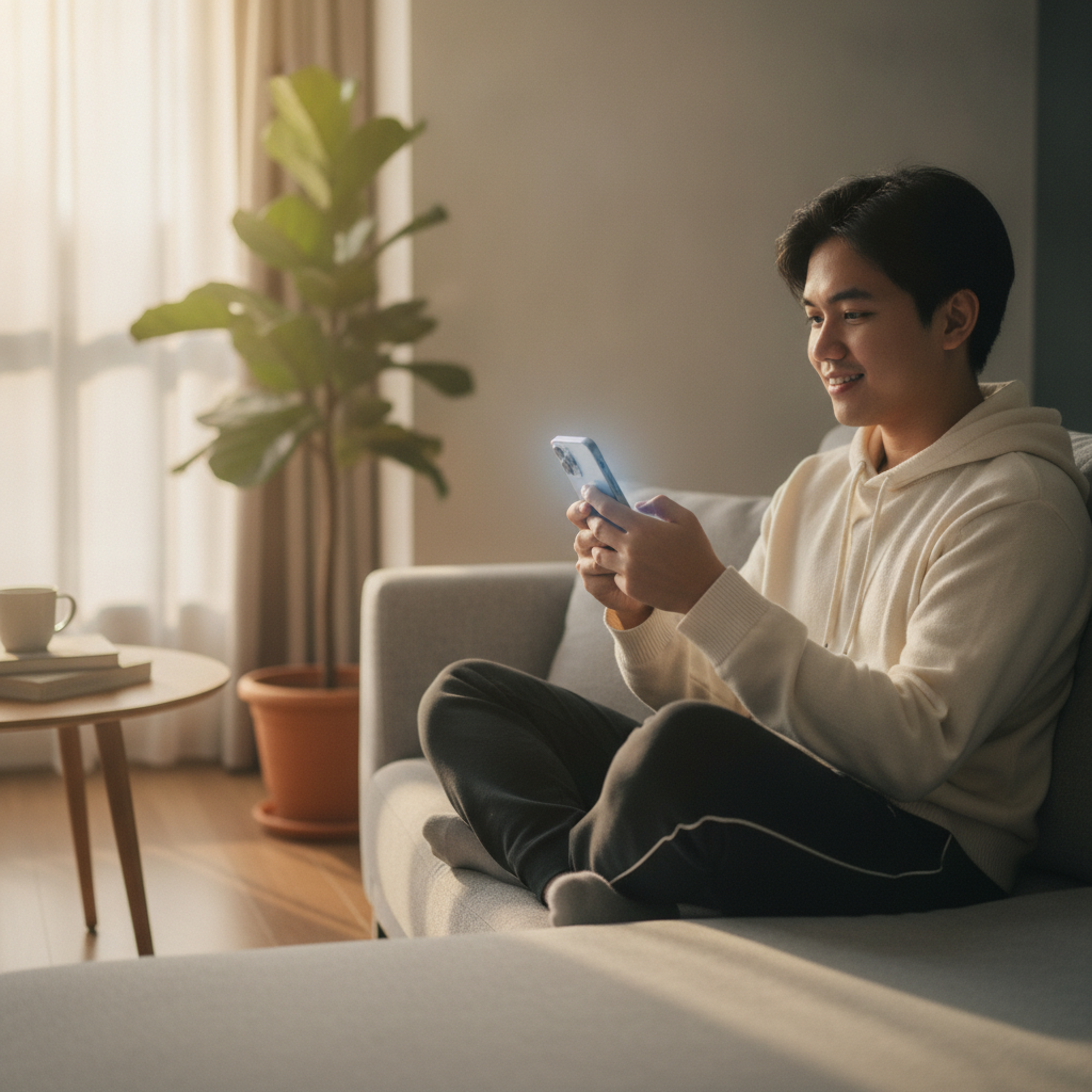 Filipino player learning to use online casino on mobile phone at home